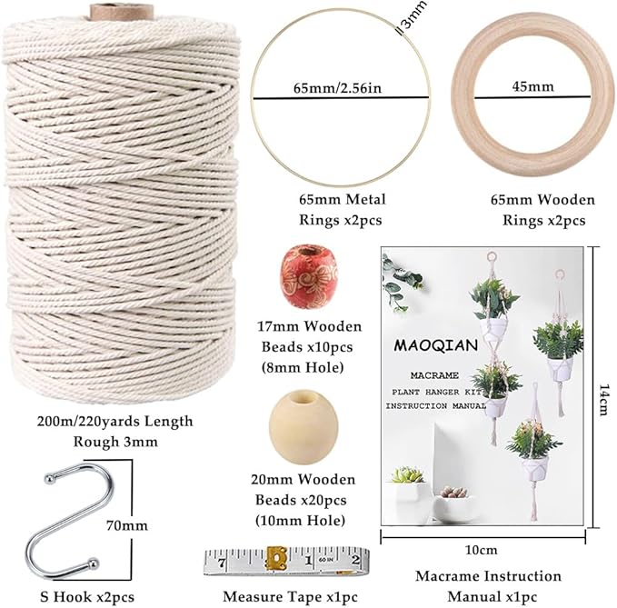 maoqian 3 in 1 macrame kit for beginners, 3mm x 220yards cotton macrame cord, 3 diy macrame plant hanger kits for adults with instructions macrame supplies best for macrame plant hanger kit