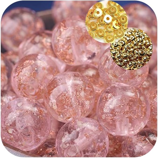 8mm 200pcs Glow in The Dark Glass Beads with Holes for Jewelry Making Bracelets Earrings Necklace Bulk Lampwork Solar Unique DIY Crafts Gold Spacer Beads Kit(100pcs Beads+100pcs Spacer)