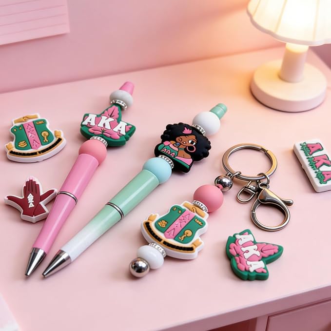 AKA Sorority Themed Silicone Focal Beads Bulk for DIY Keychain Lanyard Pens Making Rubber Beads Kit Supplies (AKA)