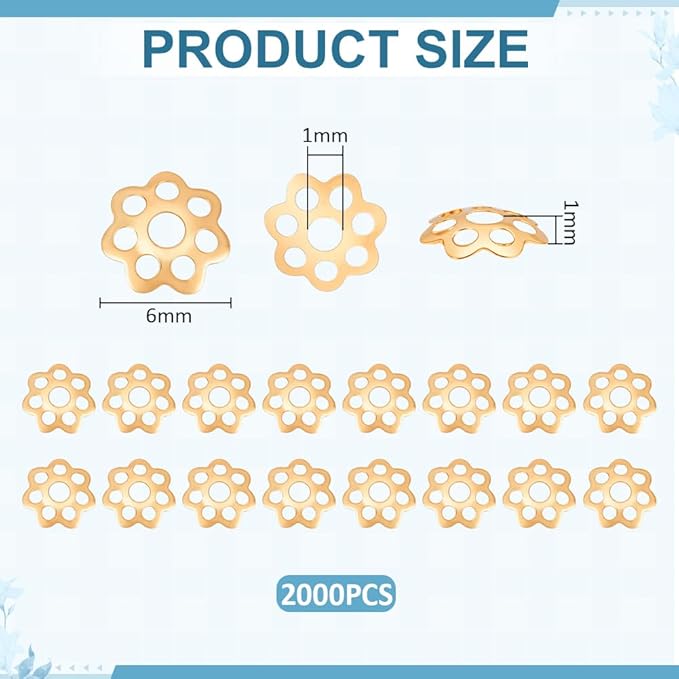 UNICRAFTALE About 2000pcs Flower Bead Caps Kits 6mm Diameter Bulk Golden Loose Spacers Petal Floral Bead End Caps for Jewelry Making Earring Bracelet Necklace DIY Crafts Hole 1mm