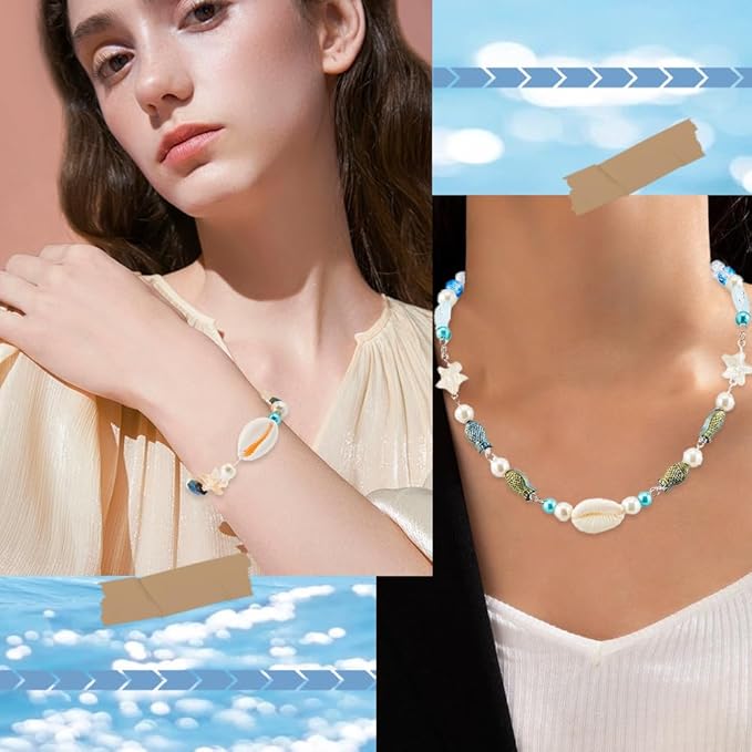 SUNNYCLUE 1 Box 251Pcs Fish Glass Beads Starfish Beads Bulk Natural Seashell Beads Summer Ocean Sea Animal Beading Double Sided Small Fish Starfish Beaded 8mm Round Beads for Jewelry Making Kits