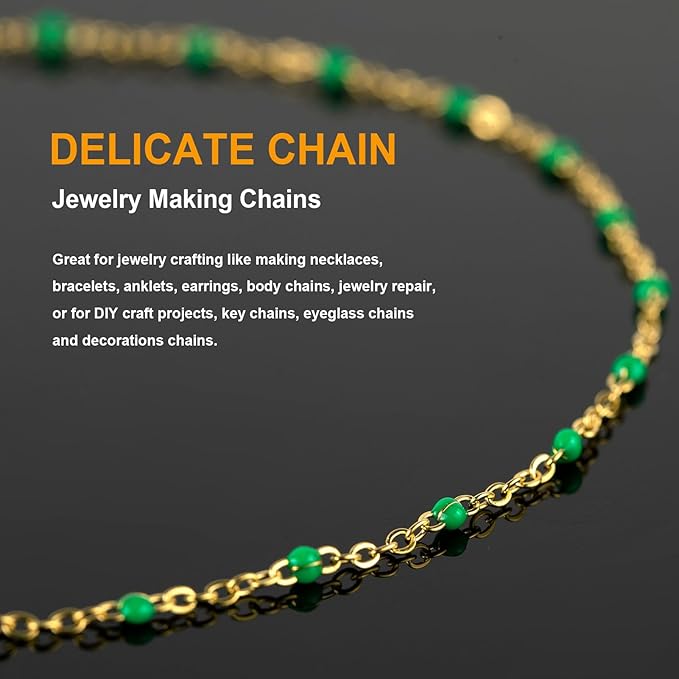 KYUNHOO 16.4 Feet Gold Plated Jewelry Chain Roll Stainless Steel Cable Chain Links Green Bead Rosary Chains with Jewelry Findings for Necklace Bracelet Making