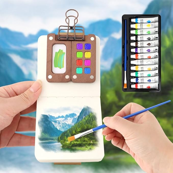 Mini Watercolor Paint Palette Set,Travel Watercolor Kit- 12 Color Paint with 8-Wooden Grid Palette,Mini Sketchbook & Brushes,Paint Palette Travel Kit for Students, Beginners