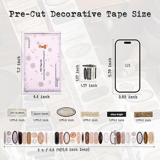 822pcs Small Vintage Motivational Quote Words Stickers Set, Ephemera for Junk Journal Supplies, 6 Rolls Decorative Tape Die Cut Stickers for Scrapbooking, Journaling, Arts Crafts, Collage