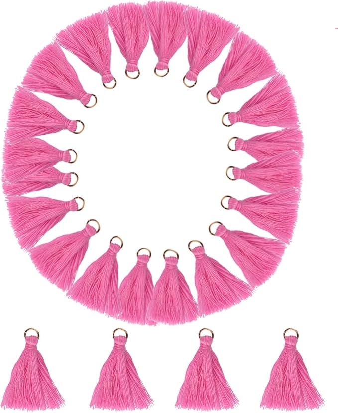 MSCFTFB 100 Pieces Mini Tassels Mala Tassel Kit with Jump Rings for Earring Necklace Jewelry Making Garland Keychain Charms Crafts Decorations(Hot Pink)