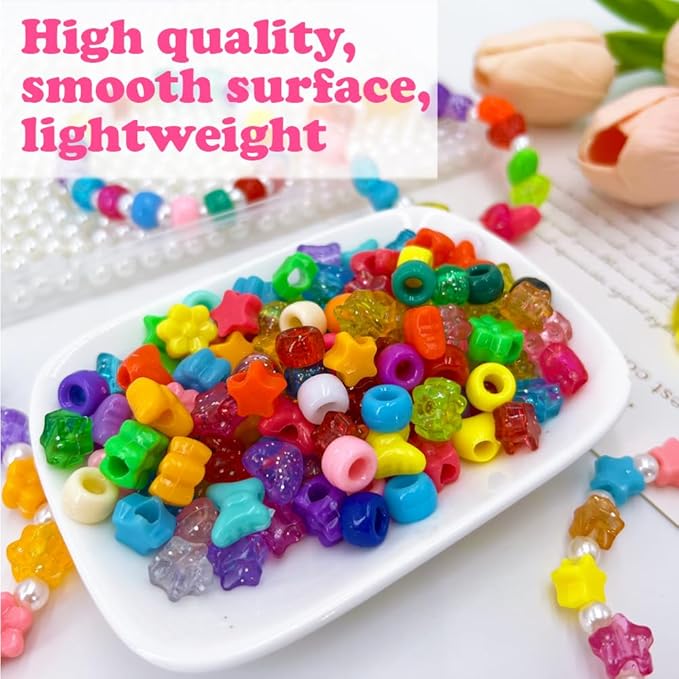 MIIIM 1000Pcs 6x9mm Glitter Pony Beads Shapes for Friendship Bracelet, Large Hole Assorted Kandi Beads in 5 Styles, Star, Heart, Butterfly, Flower, for Hair Braids, Jewelry Making