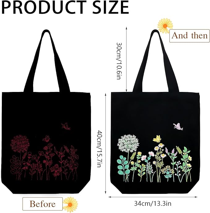 Canvas Tote Bag Embroidery Kit, Embroidery Kit for Beginners Adults, Embroidery Starter kit with Flower Pattern, Canvas Bag Cross Stitch Kits, Cross Stitch Kit with Hoops, Color Threads and Tool
