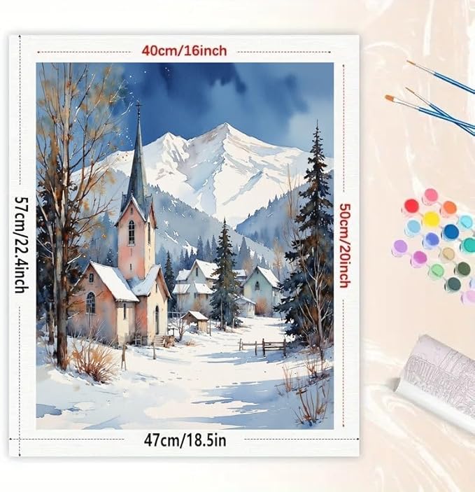 Winter Paint by Numbers Kit for Adults - DIY Snowy Mountain Village and Church Painting on Canvas 16x20In, Acrylic Paint Set, Suitable for Beginners, Seasonal Art for Home Decoration or Gifts