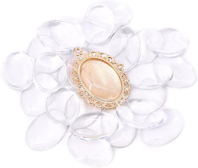 Swpeet 60 Pcs Pendant Trays Kit, Including 30 Pieces 5 Colors Pendant Trays Oval Bezels with 30 Pieces Glass Dome Tiles for Crafting DIY Jewelry Making