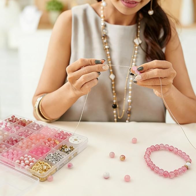 DIPSEOI 8mm Glass Beads for Bracelet Kit - 900 Pcs Jewelry Making Kits Bead DIY with Spacer Charms (Pink Series)