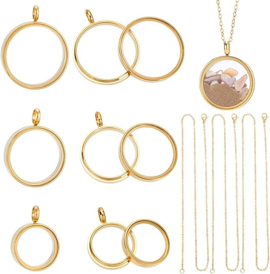 UNICRAFTALE 3 Sets Real 18K Gold Plated Memory Locket Charm Stainless Steel Flat Round DIY Picture Photo Necklace Making Kit Crystal Locket Pendants Glass Floating Charm for Jewelry Making