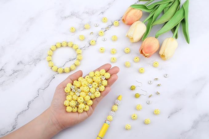 LAIDANLA 250pcs 12mm Yellow Rhinestone Beads and 8mm Rondelle Spacer Beads for Beaded Pens, Sparkly Shamballa Disco Baseball Bead for Bracelets Making Necklaces Earring DIY Craft