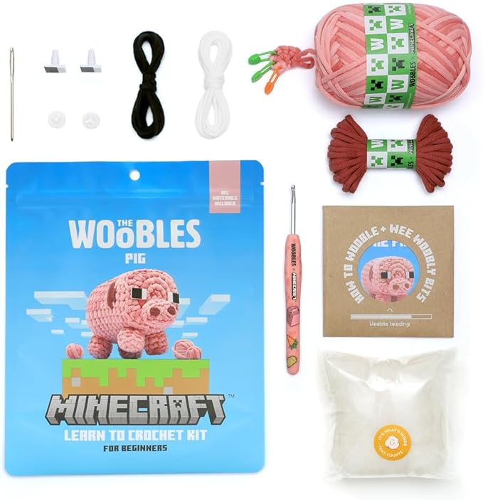 The Woobles Minecraft Crochet Kit – Beginner Crochet Kit for Adults and Young Crafters, Easy Knitting Kit with Woobles Yarn, DIY Crafts, Crochet Animals, Minecrafts, Gift for Gamers & Crafters (Pig)