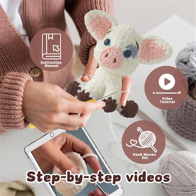 Linhao Jew Crochet Kit for Beginners – Knitting Kits Cute Animal Kitten Keychain with Pre-Started Easy Yarn, Step-by-Step Video Tutorials for Adults & Kids DIY Crafts (Pig)