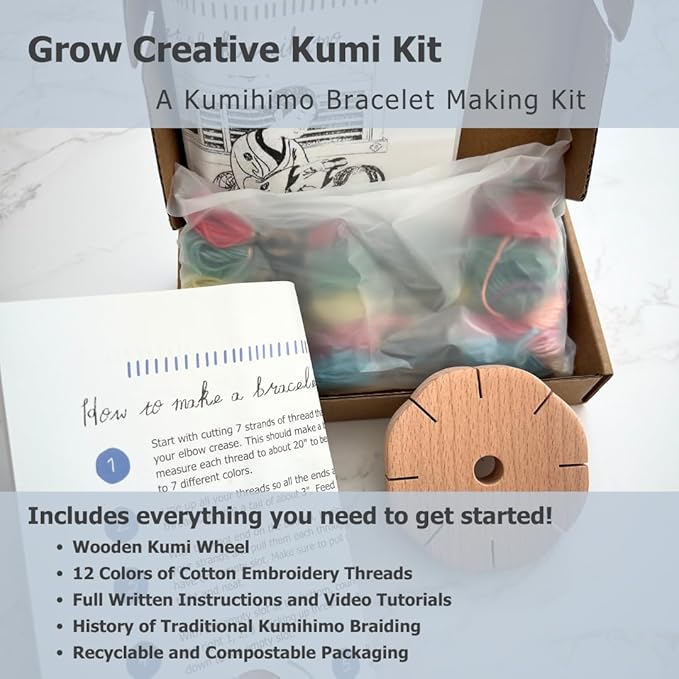 Grow Creative Kumi Wheel, Kumihimo Braided Bracelet Making Kit, Natural Materials - Wooden Disk, Cotton Embroidery Threads, Loom Jewelry Making Arts and Crafts Kit