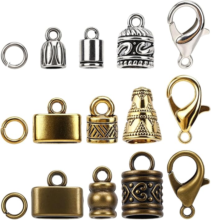 SUNNYCLUE 1 Box 210pcs 45 Sets Cord Ends Caps Kumihimo Bracelet Ends Alloy Antique Gold Silver Bronze Tassel End Tip Caps with Lobster Clasp Ring Link for Jewelry Making Kit Necklaces Bracelet DIY