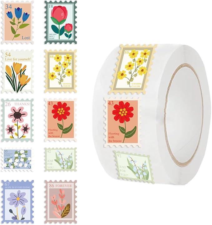 1000pcs flower stamp stickers roll for kids, 2 rolls 10 styles floral sticker rolls for scrapbook, planner, journal, envelope, card making, gift wrapping, party favors