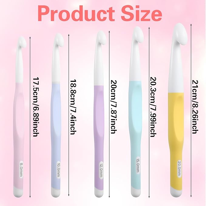 Ouligay 5PCS Large Crochet Hooks Set 8mm 10mm 12mm 15mm 20mm Ergonomic Crochet Hooks Long Crochet Needles for Chunky Yarn Knitting Blankets Shawl Carpet Scarves Multicolor