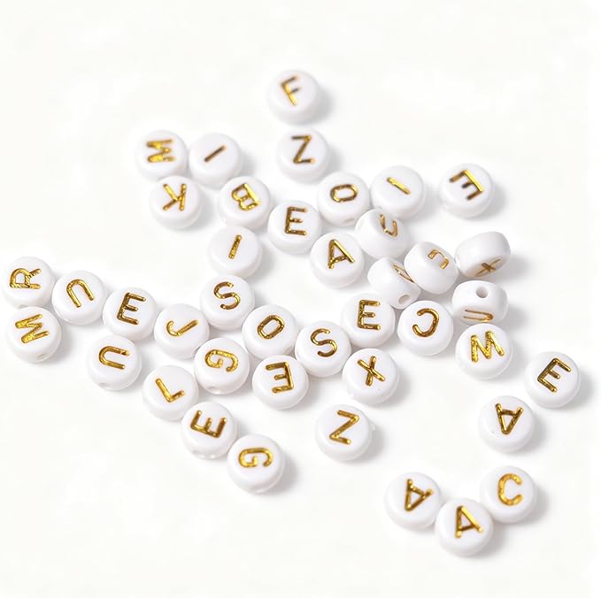 nikkiGuo 1250 PCS Letter Beads Kit with Elastic Cord – Alphabet A–Z, Numbers, Heart, Moon, Star, Smiley Beads for Friendship Bracelets & DIY Jewelry (White Beats & Golden Letters)