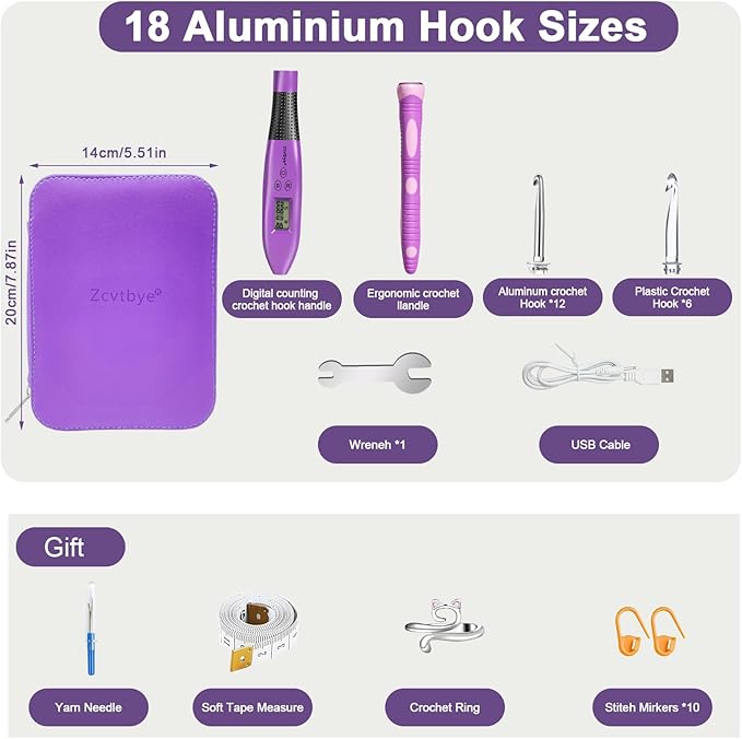 Counting Crochet Hook Set with Light & Counter -18 Size Light up Crochet Hooks - Ergonomic for Arthritic Hands, Digital Stitch & Row Counter - Interchangeable Hooks Kit - Perfect Gift