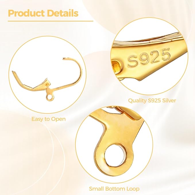 20 pcs golden 925 sterling silver leverback earring hooks skin-friendly french hook earring clasps with loop dangle earring findings for jewelry making and diy crafts