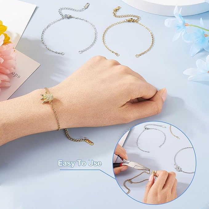 FASHEWELRY 8Pcs Stainless Steel Adjustable Chains Bracelet Cable Chain Extender Chains 6-5/8 inch Metal Chain Link Bracelets with Lobster Clasp for Jewelry Making