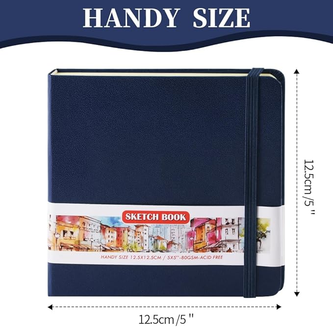 Square 5x5 inches 80gsm 96sheets/192 Pages Notebooks Blank Sketchbooks Travel Journal Pocket Hardcover Paint Writing Diary Memo Planner PU Leather Cover. Royal Blue