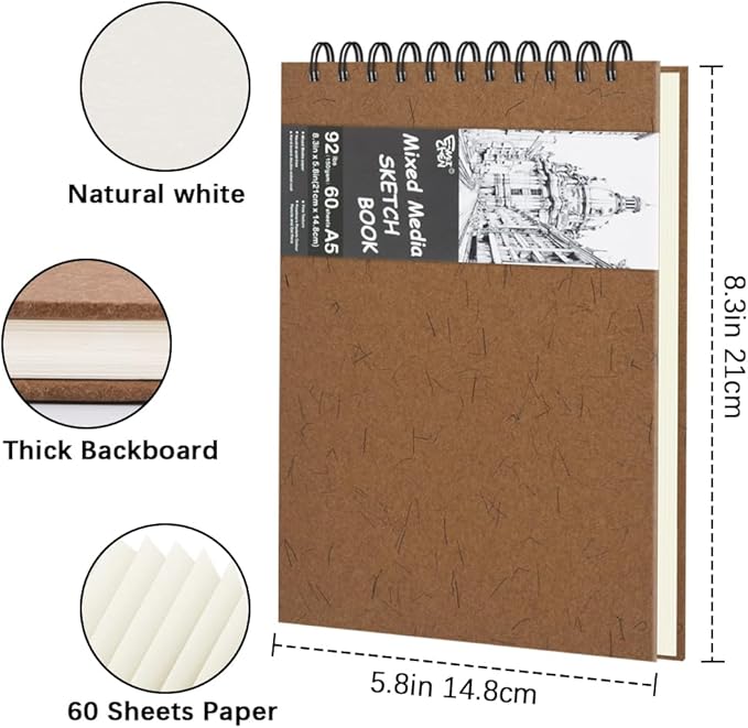 8.3" x 5.8" Hardcover Sketchbook, Top Spiral Bound Art Journal Sketchbook, 60 Sheets 92LB/150 GSM Acid-Free Drawing Neutral White Mixed Media Paper for Adults Beginners Artists.Coffee