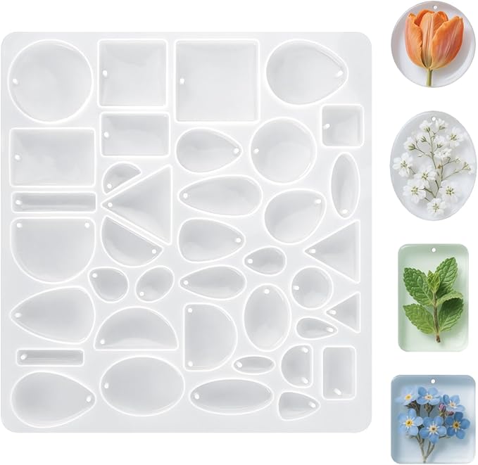Resin Jewelry Molds - Silicone Molds for Epoxy Resin, Reusable Casting Tray with Hole, Resin Mold for DIY Jewelry, Pendant, Earring, Necklace, Bookmark, Keychain Making Kit, Assorted Shapes