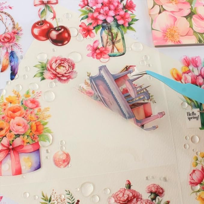 30 Sheets Precut Pink Garden Landscape Stickers Book for Junk Journal Supplies, Transparent PET Stickers for Journaling, Scrapbooking, Bujo, Collage, Card Making