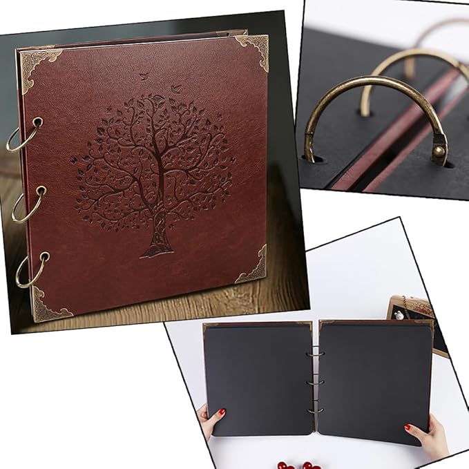 Photo Album DIY Scrapbook (10x10 inch 50 Pages Double Sided), Vintage Leather Cover Three-Ring Binder Family Picture Booth with 9 Color 408pcs Self Adhesive Photos Corners for Memory Keep, Tree