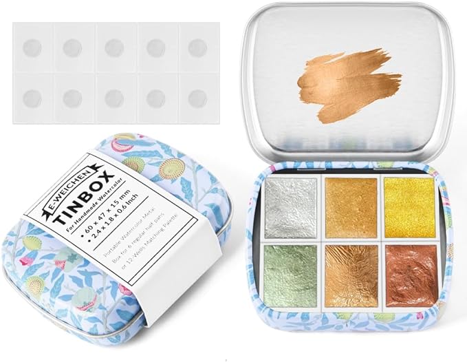 Art Supplies Handmade Watercolor Paint Set - 6 Metallic Gold Colors Half Pans Glitter Solid Water Color- Metal Case Sparkle Pearlescent Watercolour for Artists. White Green