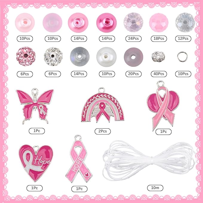 SUNNYCLUE 1 Box 6 Sets Pink Bracelet Making Kit Breast Cancer Awareness Bracelets Glass Beads Bow Heart October Ribbon Charms for Jewelry Making Kits Supplies Handmade Women Beginners Adults Starter