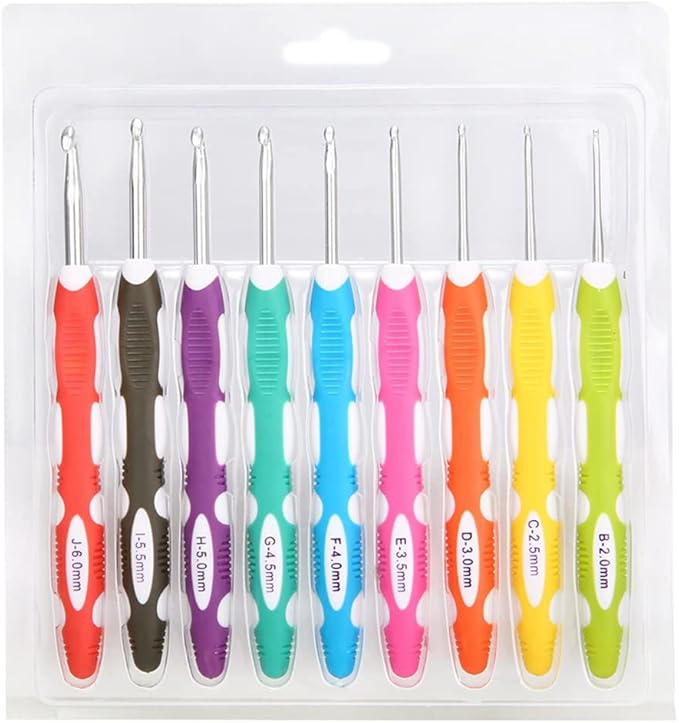 9 Pieces Crochet Hooks Ergonomic Ergonomic Crochet Hooks Set Soft Grip Handle Knitting Needles Craft Making Tool for Arthritic Hands Size B to J 2.0mm-6.0mm