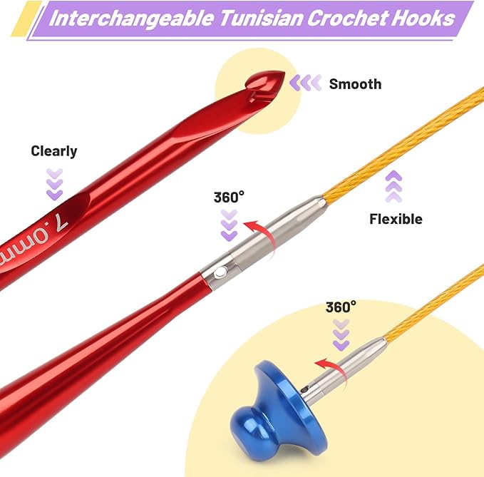 Coopay Tunisian Crochet Hooks Set, 12-Size (3.0mm-10.0mm) Interchangeable Crochet Hooks with 4 Cables (40/60/80/100cm), Smooth & Ergonomic, Perfect for Crocheting Blankets, Dolls, Shawls - Ideal Gifts