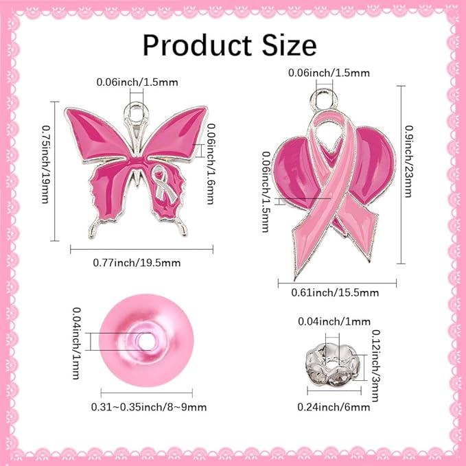 SUNNYCLUE 1 Box 6 Sets Pink Bracelet Making Kit Breast Cancer Awareness Bracelets Glass Beads Bow Heart October Ribbon Charms for Jewelry Making Kits Supplies Handmade Women Beginners Adults Starter