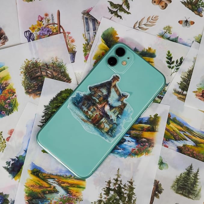 Seasonal Nature Landscape Stickers for Junk Journal Supplies, 50 Sheets Pre-Cut Washi Scrapbook Sticker Book for Journaling, Scrapbooking, Bujo, Planners, Card Making, Collage, Art Crafts