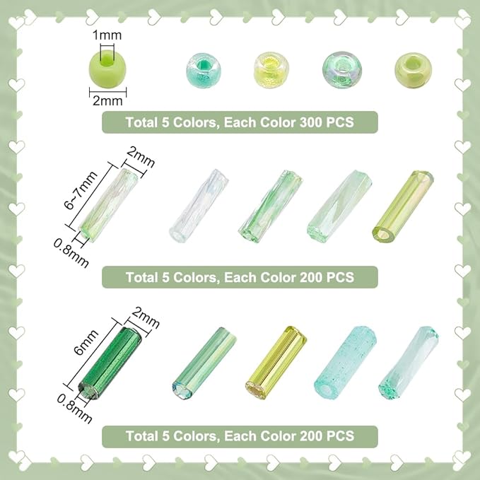 PH PandaHall 3500pcs Green Glass Beads Kits, 1000pcs Twist Bugle Beads, 12/0 2mm 1500pcs Round Glass Seeds Beads, 1000pcs 6mm Glass Tube Beads for Jewelry Sewing Bracelets Necklace Earring Christmas