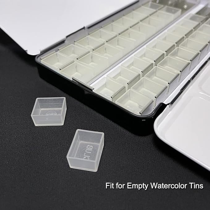 48Pcs Transparent Plastic Empty Watercolor Half Pans – 2ML Capacity, Refillable Paint Pans for DIY Solid Watercolors Gouache – Fits Metal Watercolor Tins & Travel Palette Box