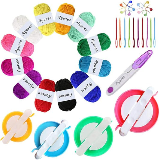 Pom pom Maker Yarn kit, 4PS Pompom Maker+12PS Acrylic Yarn+10PS Knitting Stitch Markers+10PS Plastic Needles+1PS Scissors(37c)