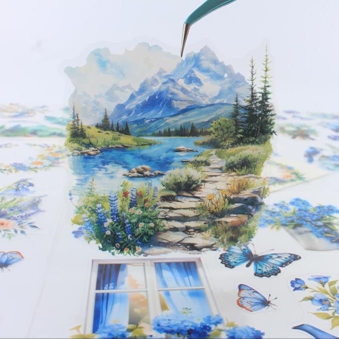 30 Sheets Precut Blue Flower Garden Landscape Stickers Book for Junk Journal Supplies, Transparent PET Stickers for Journaling, Scrapbooking, Bujo, Collage, Card Making