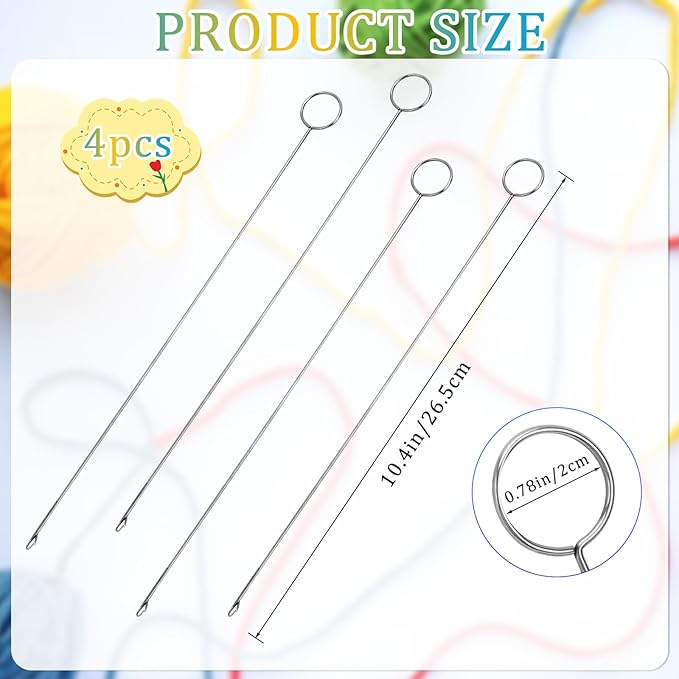 Loop Turner Sewing Tool, 4-Piece Set - Needle Hooks with Latch for Fabric Tube Strips DIY (10.4 Inch)