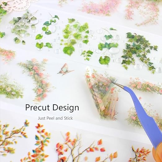 Holographic Garden Plant PET Tape Stickers for Journaling and Scrapbooking, 6 Rolls Precut Flower Branch Vines Decorative Tapes for Junk Journal Supplies, Bujo, Planners, DIY Crafts