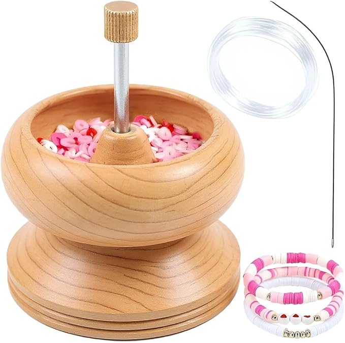 SHOP LC DELIVERING JOY Seed Bead Spinner for Jewelry Making Kit - Clay Bead Spinner with Big Eye Beading Needle & 3 Meter Wire - Necklace Bracelet Maker Wooden - Birthday Gifts - Pinewood