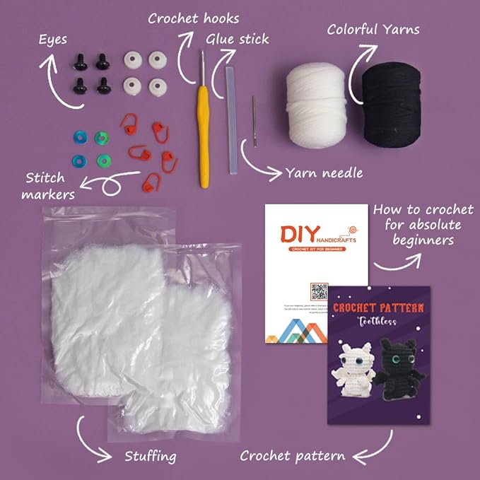 Crochet kit for Beginners, White and Black Toothless Crochet Animals kit, Learn to Crochet Knitting kit, with Step by Step Guide Video, Prefect for Gifts, with tutorials Yarns Hook