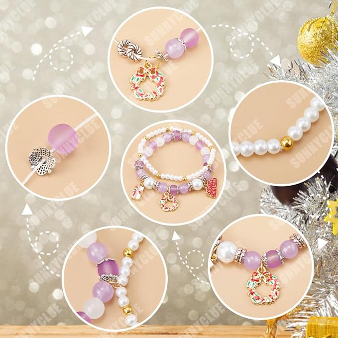SUNNYCLUE 1 Box 438Pcs 4 Sets Christmas Charms Beading Bracelets Making Kit Double Layered Bracelet Enamel Christmas Tree Charm Snowman Holiday Charms Glass Beads for Jewelry Making Kits Women