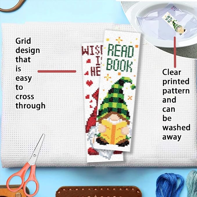 FREEBLOSS 6 Set Cross Stitch Bookmark Kit 11 CT Stamped Cross Stitch Kit DIY Embroidery Bookmark Kits for Adult Beginners with Instructions, Gnome Pattern, 6 x 20 cm/8" x 2.4"
