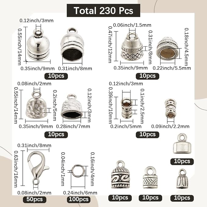 SUNNYCLUE 1 Box 230pcs Leather End Caps Kumihimo Cord End Caps Alloy Antique Silver Tibetan Style Glue in Crimp Tassel Cord Tube Tips for Jewelry Making Kit Adult Bracelets DIY Accessories Crafts
