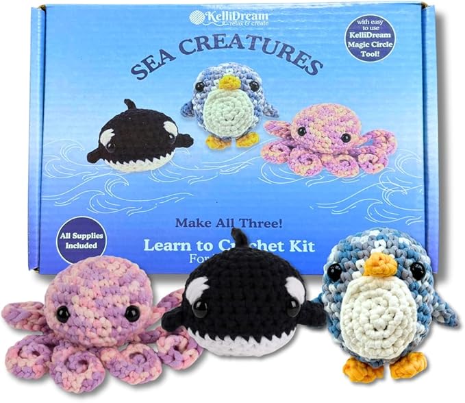 KelliDream Magic Circle Tool Inclusive Learn to Crochet Kit for Beginners; Step-by-Step Video Tutorials in English; All Supplies to Make Cute Amigurumi (Sea Creatures)