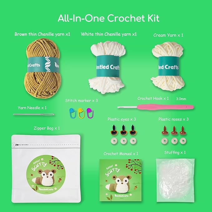 NestledCrafts Crochet Animal Kit for Beginners, Crochet Starter Kit with Step-by-Step Video Tutorials, Learn to Crochet Kits for Kids and Adults, Squirrel